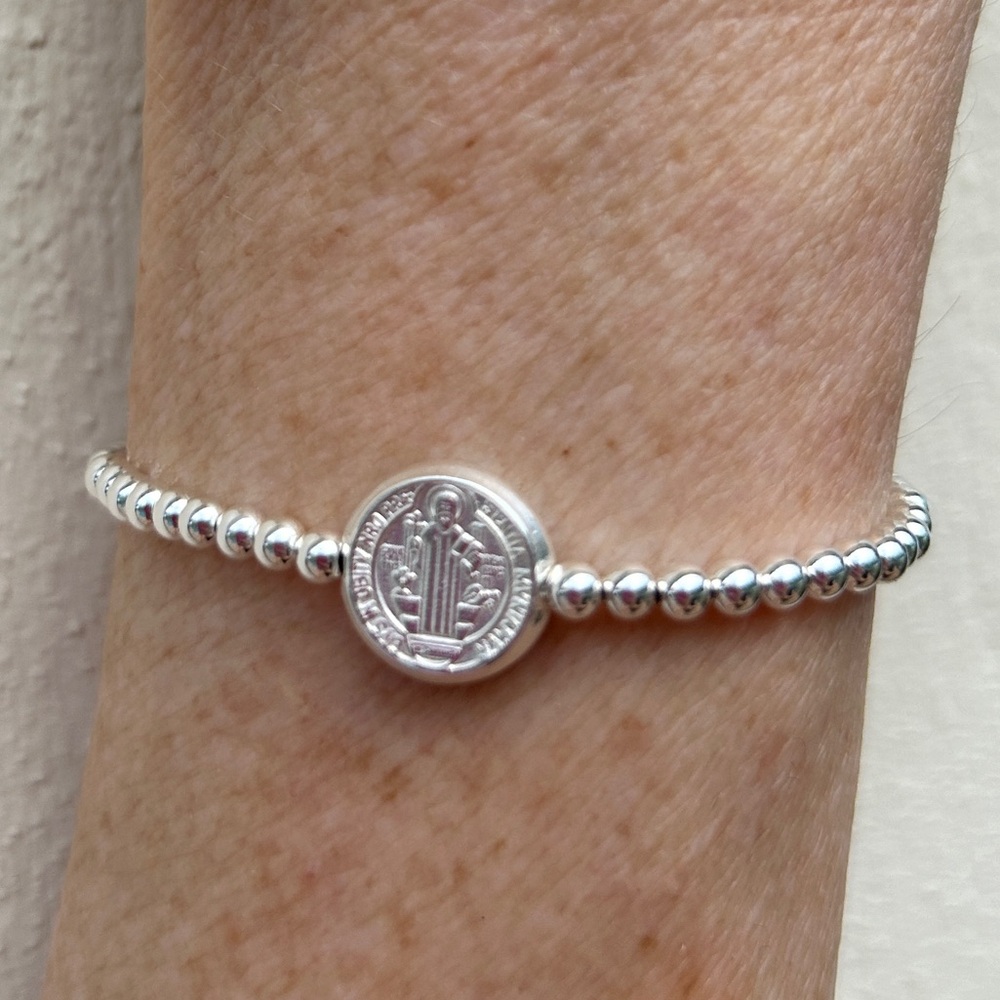 Bracelet sterling Saint Benedict Protection, 925 Sterling silver beads stretch